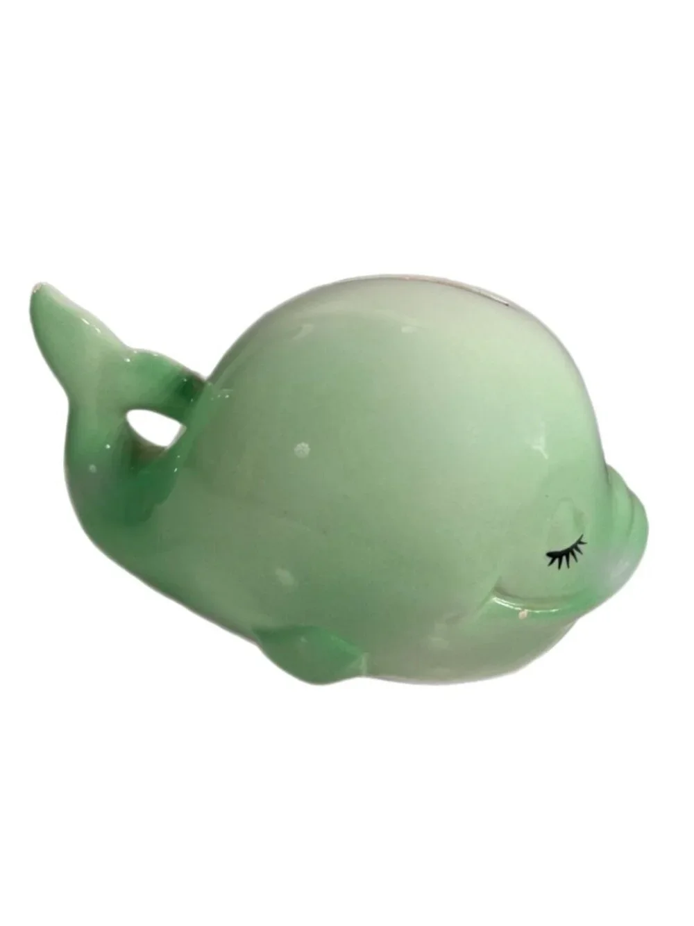Ceramic Pottery Green Whale Coin Savings Bank with Plug Eyelashes Taiwan HTF - Picture 4 of 12